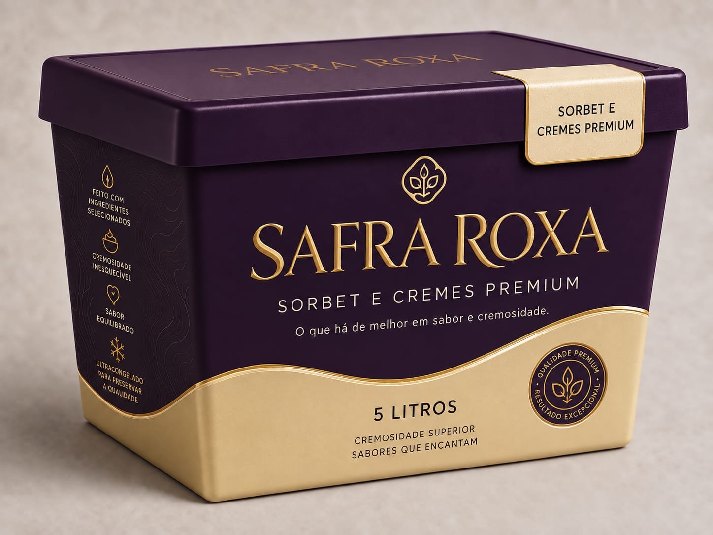 Pote Safra Roxa de 5 litros, sorbet e cremes premium, embalagem roxa e dourada