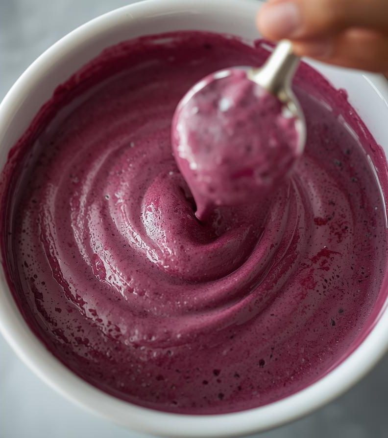 Creme roxo bem cremoso sendo servido em um bowl branco