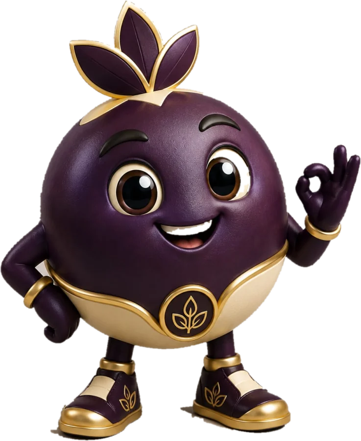 Mascote da Safra Roxa: um açaí sorridente, roxo e dourado, fazendo sinal de ok